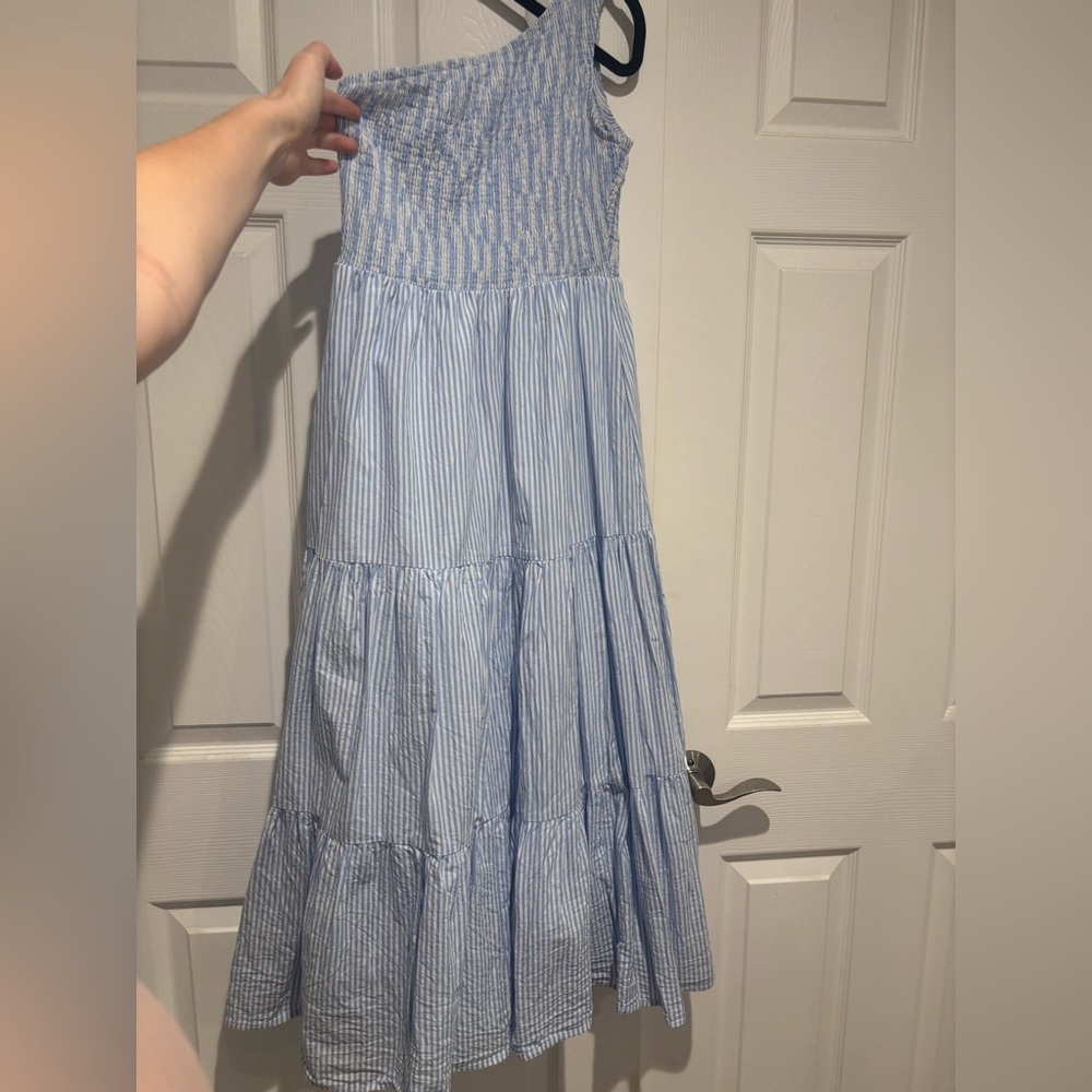 Blue and white striped one shoulder dress: Size Small